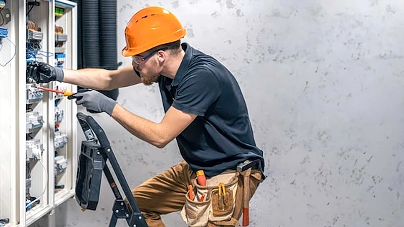 Electrician working in switchboard with electrical connection cable copy space