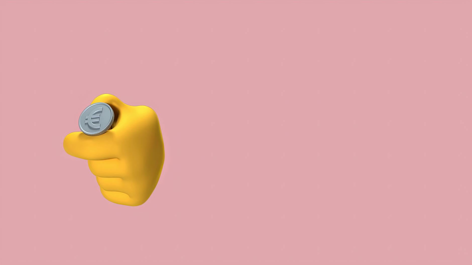 A 3D cartoon hand holds a euro coin against a pink background, symbolizing finance and money.