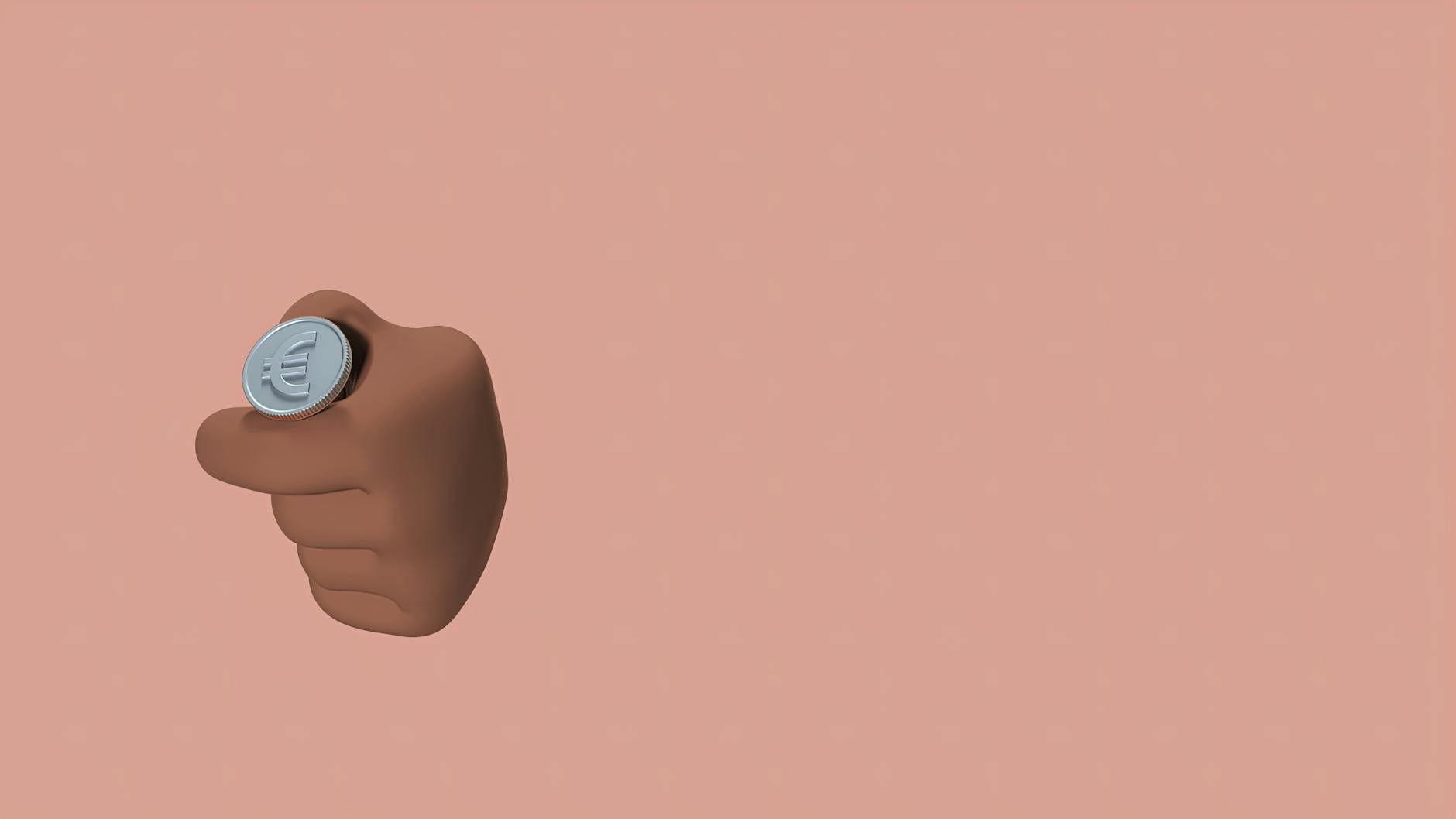 3D rendered hand holding a euro coin with ample copy space on a pastel background.