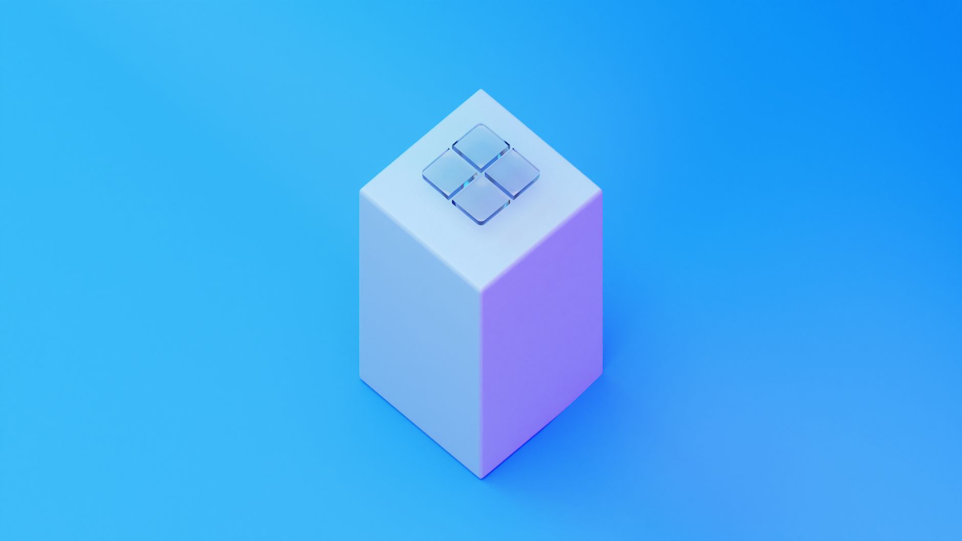 A minimalist rendering of a white cube with a geometric pattern on a blue background.