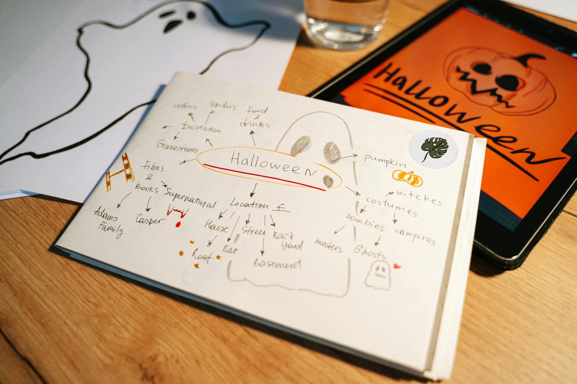 A Halloween-themed planning session featuring ghost drawings and digital projects on a tablet.