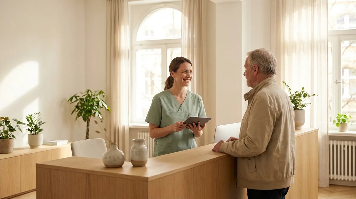 Entspannte Rezeption einer modernen Arztpraxis: eine medizinische Fachangestellte betreut eine Patientin persönlich, statt am Dauertelefon zu hängen.