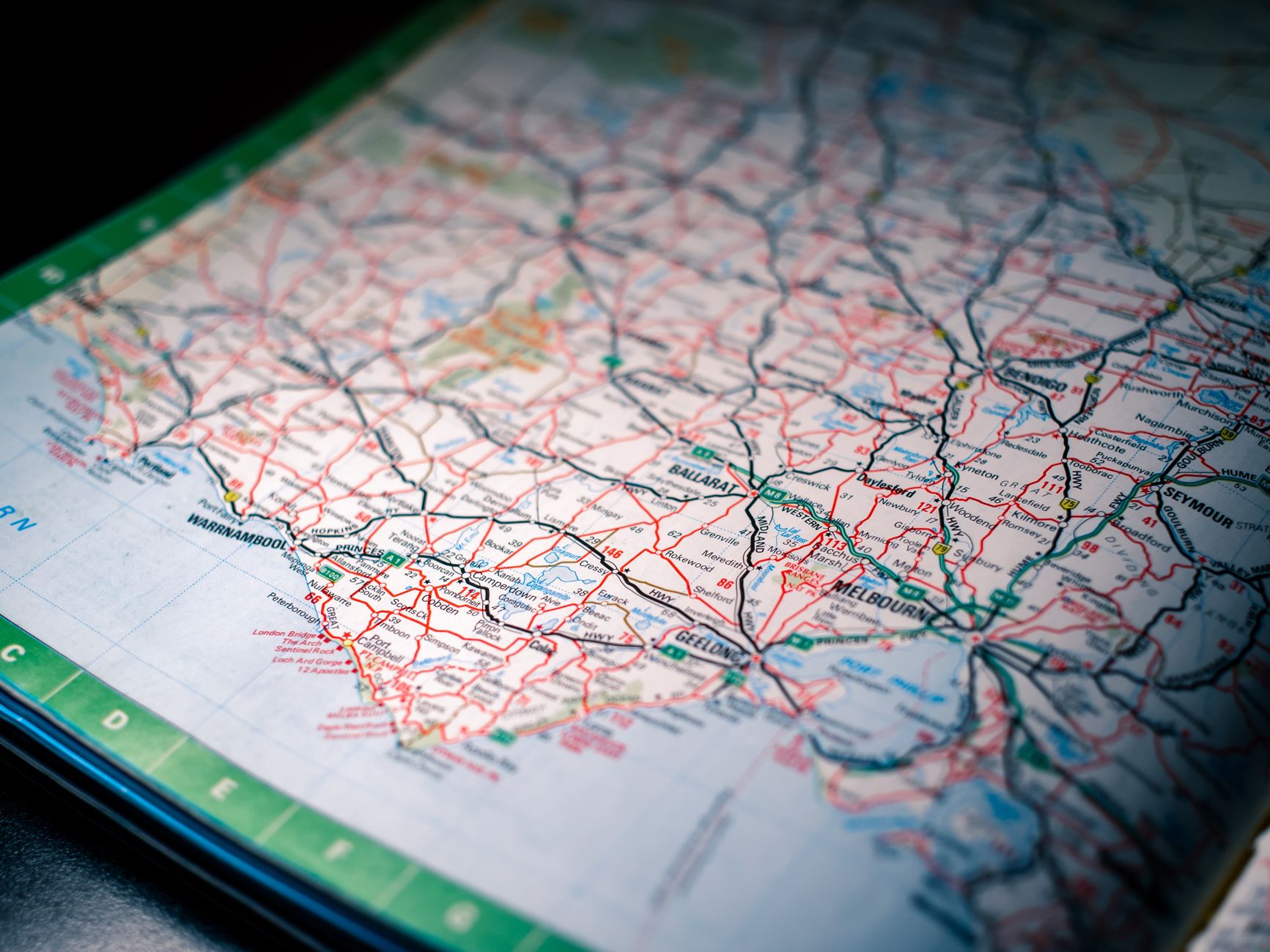 Close-up of a detailed road map highlighting routes in southeastern Australia.