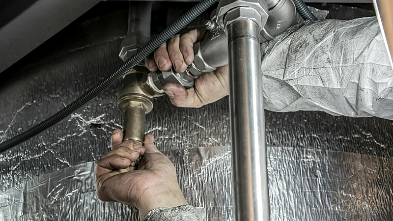 Close-up of a plumber's hands installing steel pipes indoors, showcasing skilled manual work.