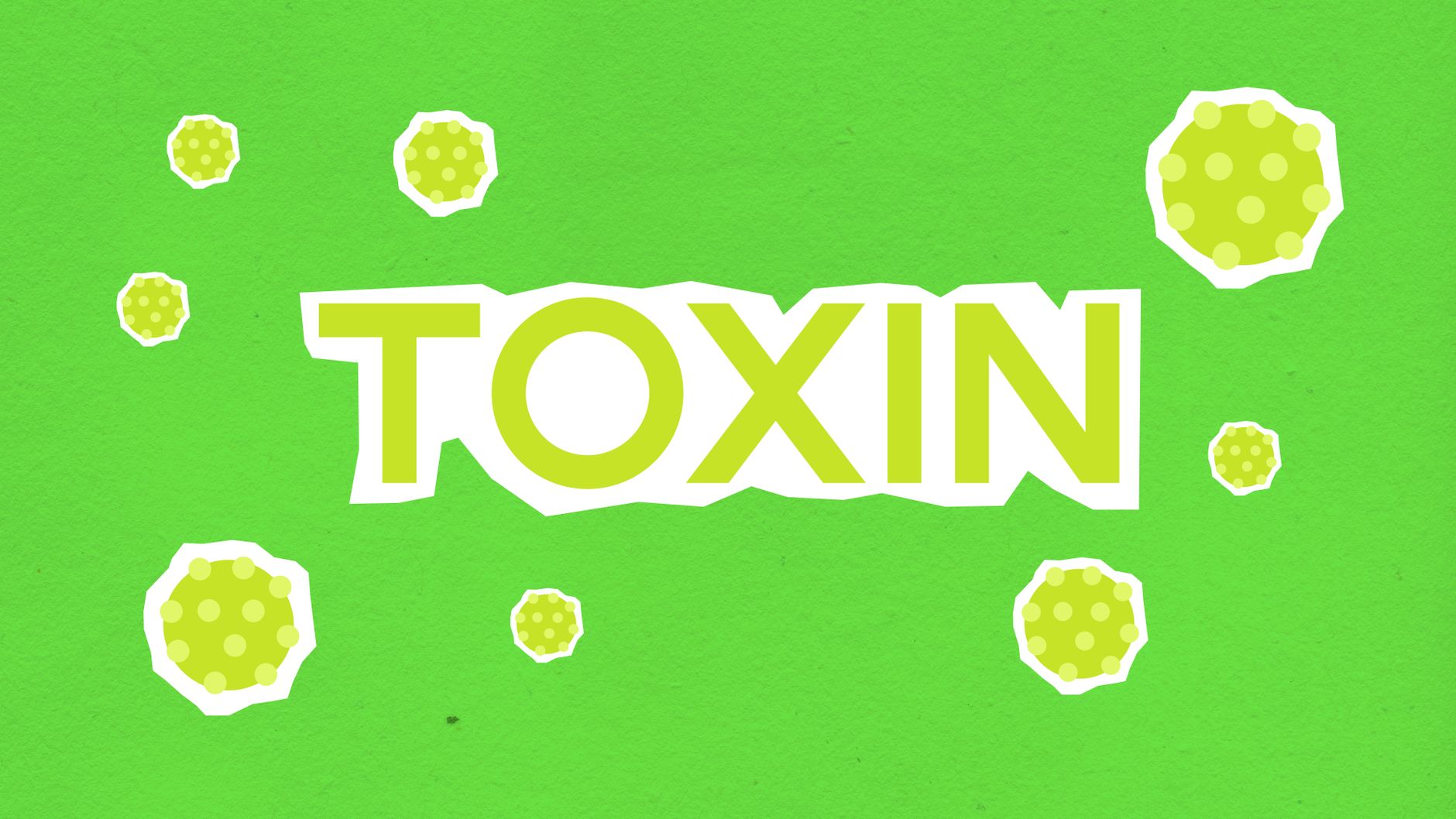 Paper cutout of Toxin inscription on bright green background with small spreading poisonous contagious microorganisms and viruses dangerous for health