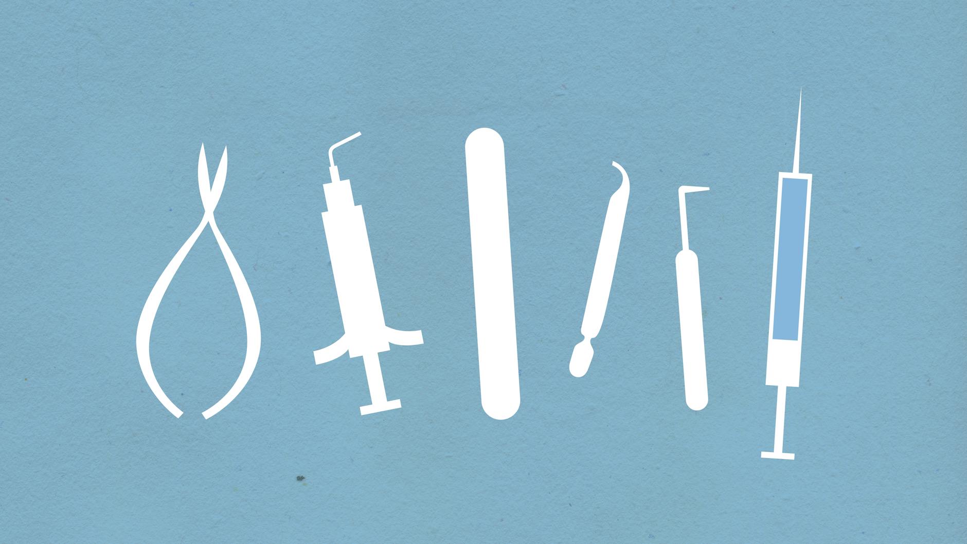 Top view of various cardboard appliques representing syringe and manual medical instruments with sharp edges