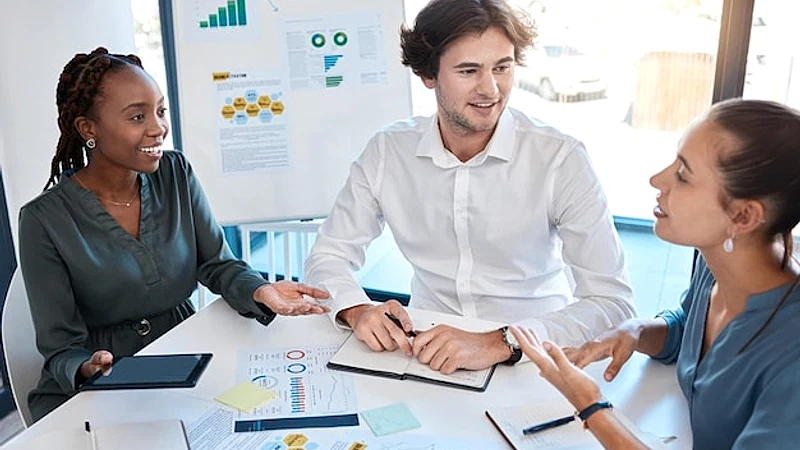 Business meeting with workers in office boardroom for with diversity support and company business strategy success Corporate marketing presentation and planning of global vision and kpi mission