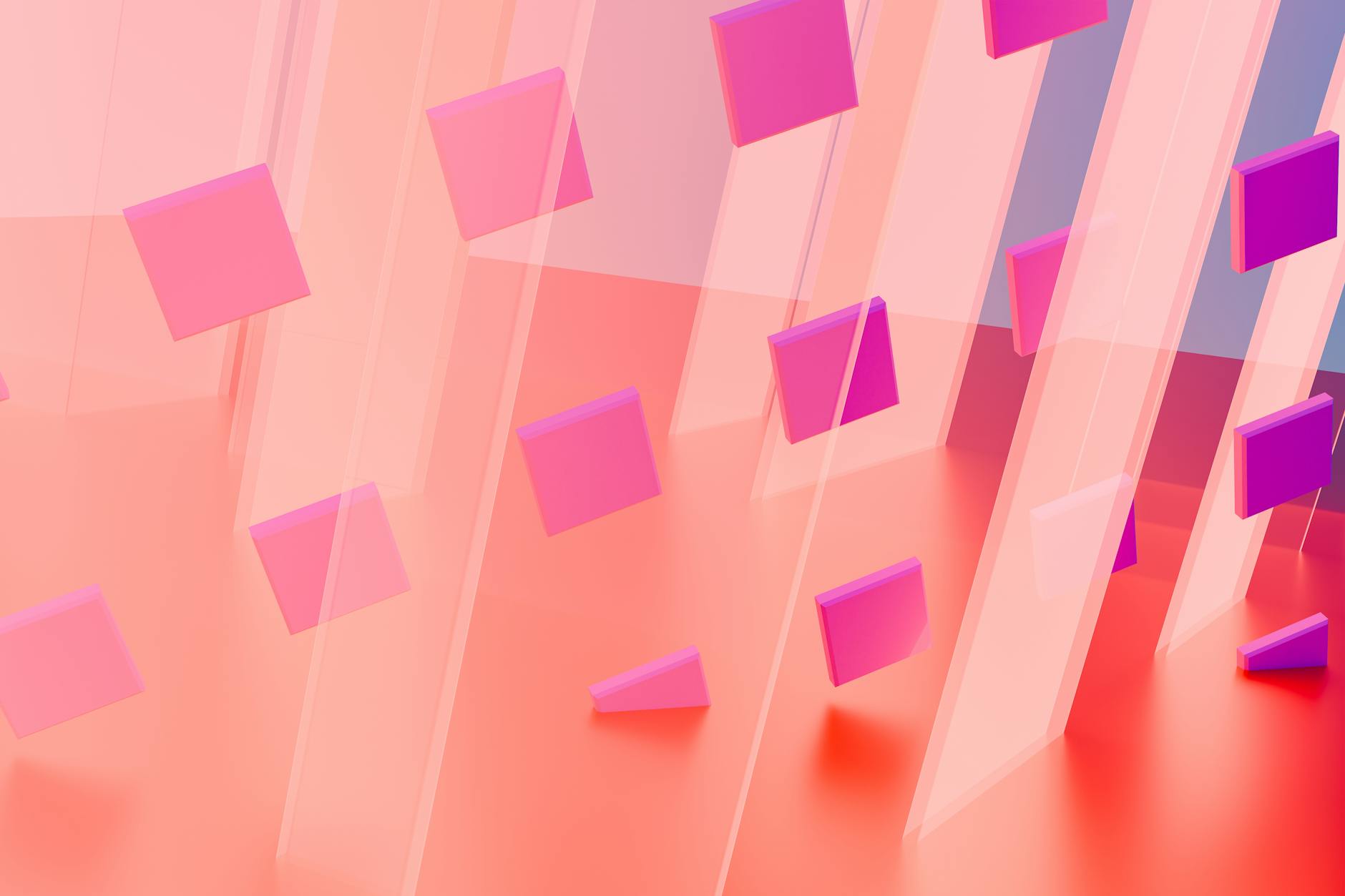 Dynamic abstract art with floating pink and purple shapes on a gradient background.