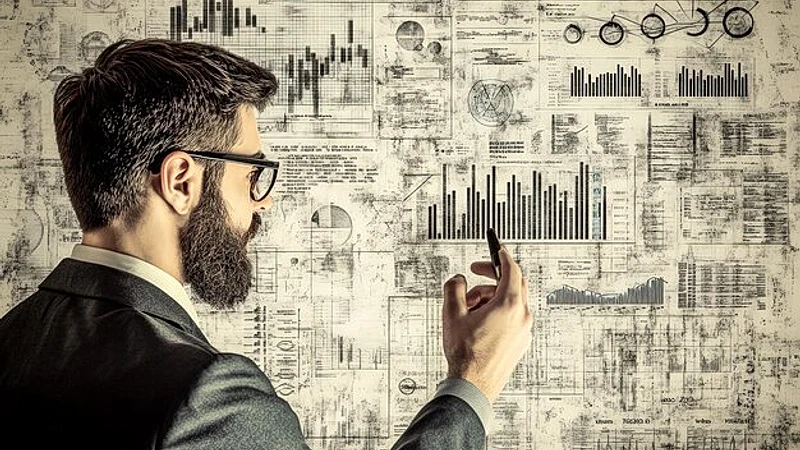 a man is writing on a paper with a graph and a graph on it