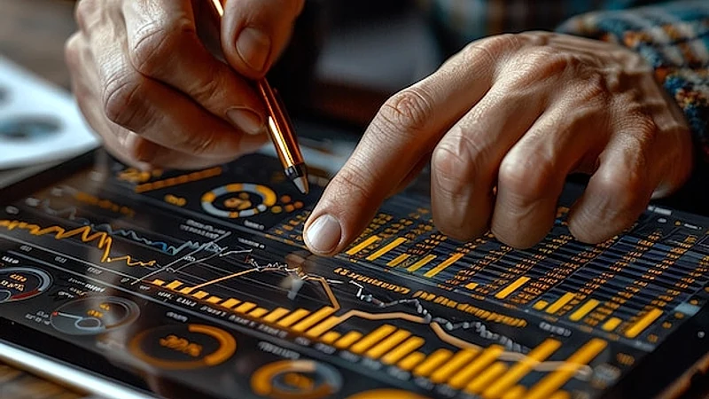 Business meeting with hands pointing at financial charts on digital tablet AI