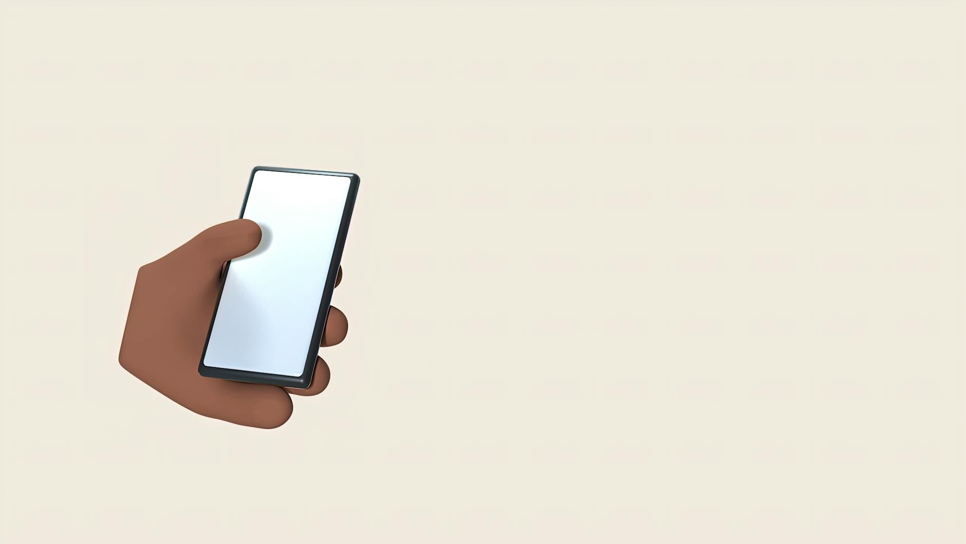 3D representation of a hand holding a smartphone against a blank white background.