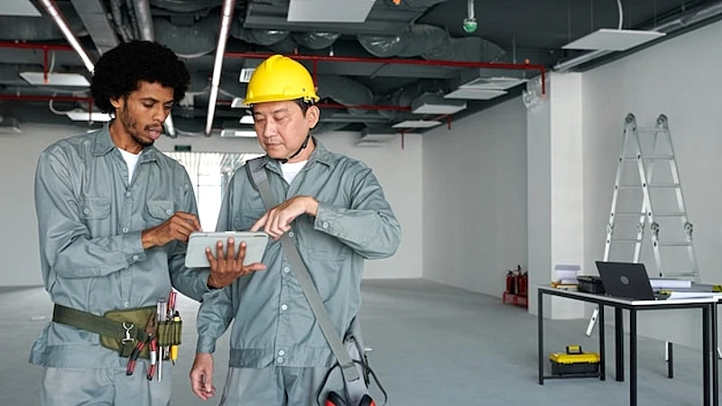 Construction workers discussing building plan