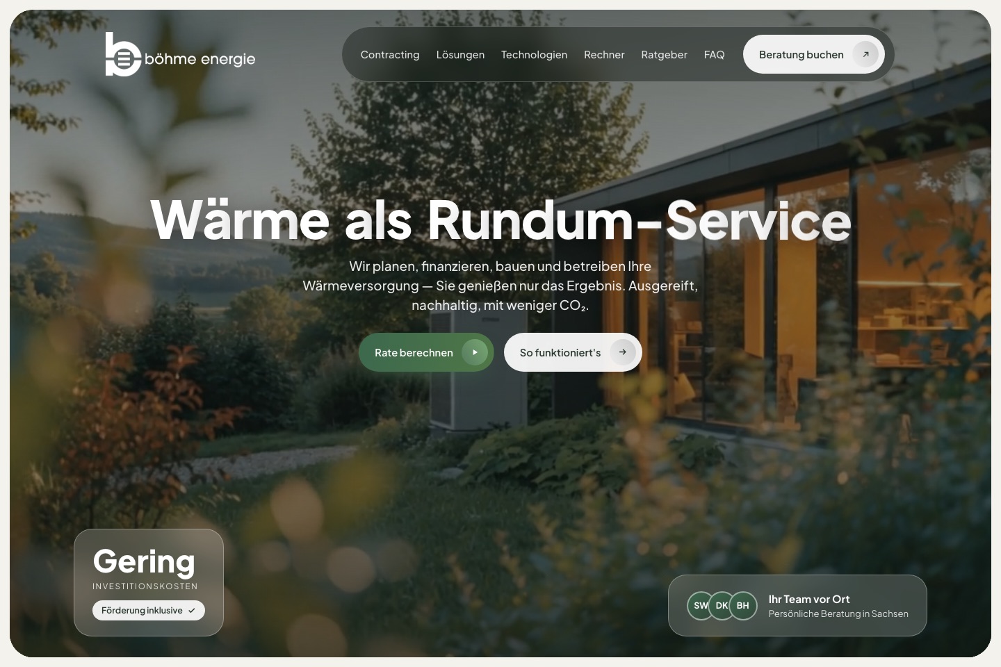 Startseite von Böhme Energie, dunkles Design mit Rechner für Wärmecontracting