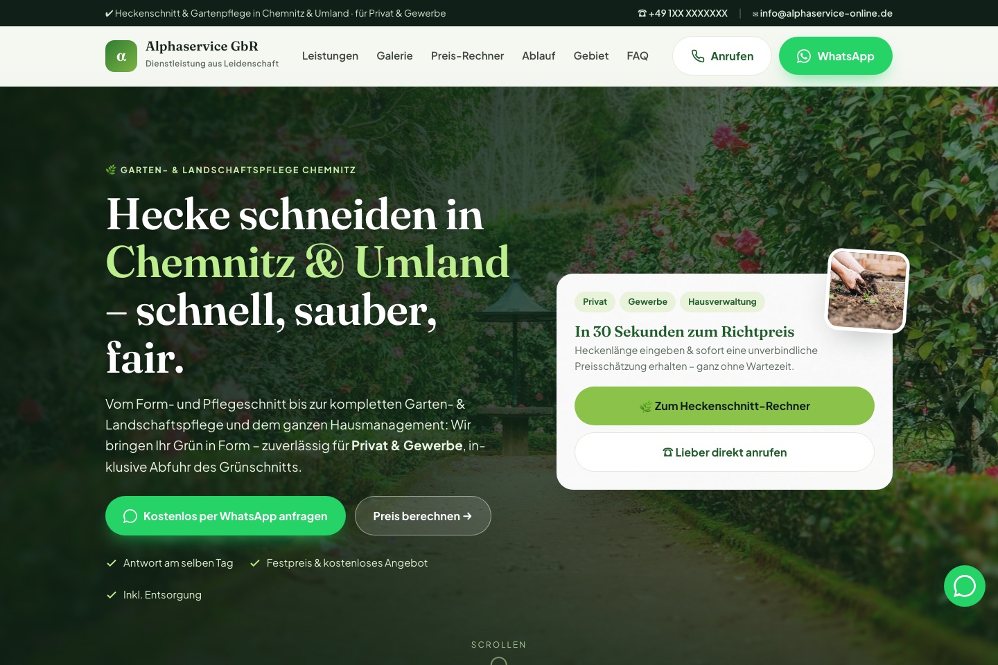 Startseite von Alphaservice mit Preis-Rechner für Heckenschnitt in Chemnitz