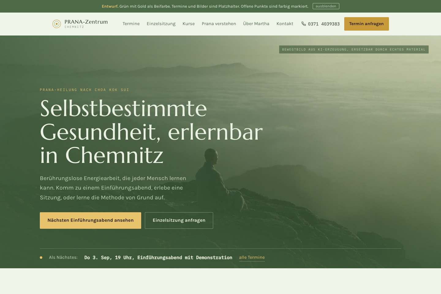 Startseite des Prana-Zentrums Chemnitz mit atmosphärischem Landschaftsfoto